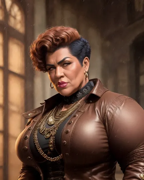 analog style, Mennatullah Jamilah, (big muscle:1.0), (big breast:1.0), ((((big beautiful woman)))), 80 years old, ((1900s)), wearing a coat steampunk, (((very short hair))), expertly illuminated, professional photography, (realistic:1.5),photorealistic, octane render,(hyperrealistic:1.2)