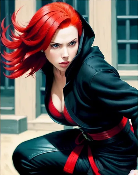 black hood, (((red hair))), Scarlet Johansson, (((ninja))), crouched, night, ((breast)), dynamic pose, sexy, professional, majestic oil painting by Ed Blinkey, Atey Ghailan, Studio Ghibli, by Jeremy Mann, Greg Manchess, Antonio Moro, Intricate, High Detail, Sharp focus, dramatic, photorealistic painting art by midjourney and greg rutkowski, fine details, illustration, (masterpiece, best quality, highres)