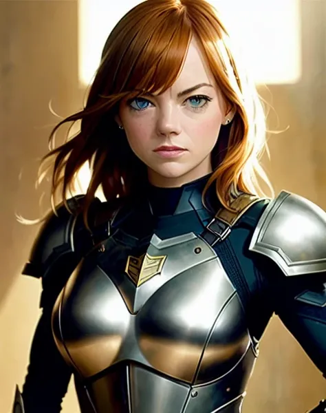 (zoom), Emma Stone, paladin armor, sunlight, ((breast)), dynamic pose, sexy, professional, majestic oil painting by Ed Blinkey, Atey Ghailan, Studio Ghibli, by Jeremy Mann, Greg Manchess, Antonio Moro, Intricate, High Detail, Sharp focus, dramatic, photorealistic painting art by midjourney and greg rutkowski, fine details, illustration, (masterpiece, best quality, highres)