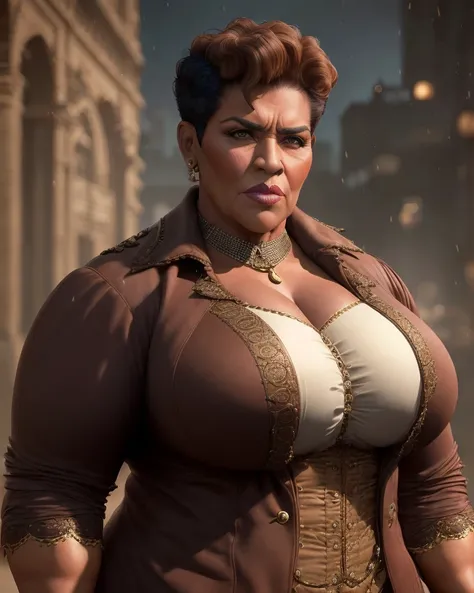 analog style, Mennatullah Jamilah, (big muscle:1.0), (big breast:1.0), ((((big beautiful woman)))), 80 years old, ((1900s)), wearing a coat steampunk, (((very short hair))), expertly illuminated, professional photography, (realistic:1.5),photorealistic, octane render,(hyperrealistic:1.2)