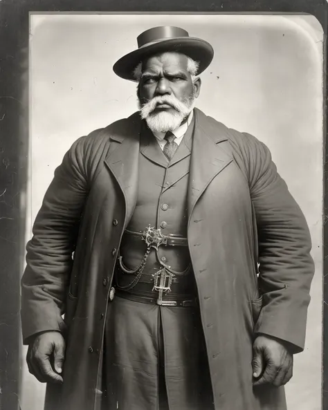 archival photo, Mennatullah Jamilah, (big muscle:1.0), (big breast:1.0), (big beautiful man), 60 years old, ((1900s)), wearing a coat steampunk, (((very short hair))), cylinder hat