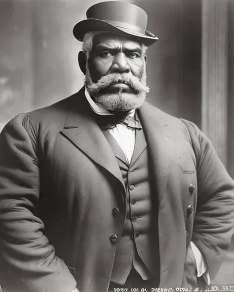 archival photo, Mennatullah Jamilah, (big muscle:1.0), (big breast:1.0), (big beautiful man), 60 years old, ((1900s)), wearing a coat steampunk, (((very short hair))), cylinder hat