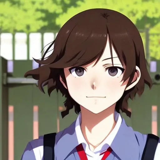 high school girl in front of school gate, by shinkai makoto