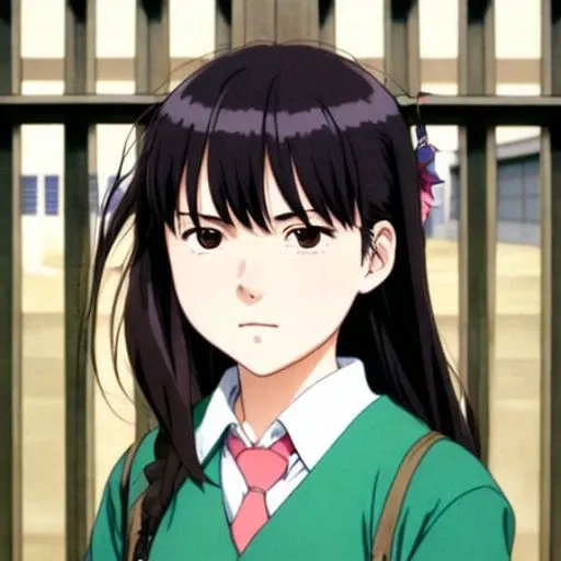 high school girl in front of school gate, by Miyazaki Hayao, Detailed Face