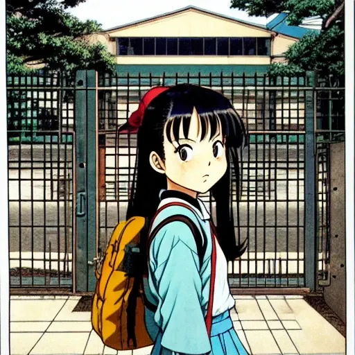 high school girl in front of school gate, by Toriyama Akira