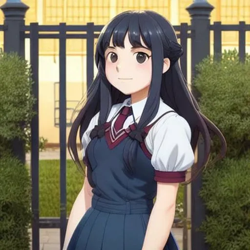 high school girl in front of school gate, Highly Detailed Face, by studio ghibli, haze, sunshine, summer, black long hair, mature