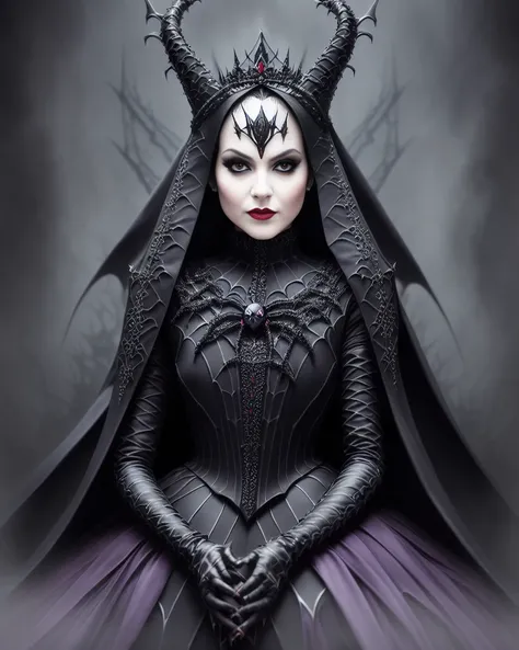 Full body potrait of Angelina Jolly as dark evil spider queen, fantasy, detailed face, highly detailed, realism