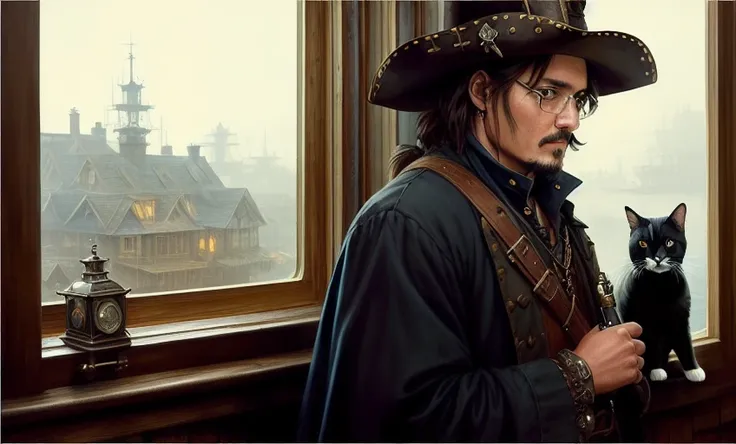 Johnny Depp, pirates, wooden house, stove, ((the musketeer)), ((steampunk)), ((ancient sea map)), (imperfect uneven irregular skin, veins, detailed skin folds pores:1.2), plaid, black cat, potted flowers on the window, full shot body photo of the most beautiful artwork in the world, cloak armor, professional majestic oil painting by Ed Blinkey, Atey Ghailan, Studio Ghibli, by Jeremy Mann, Greg Manchess, Antonio Moro, trending on ArtStation, trending on CGSociety, Intricate, High Detail, Sharp focus, dramatic, photorealistic painting art by midjourney and greg rutkowski