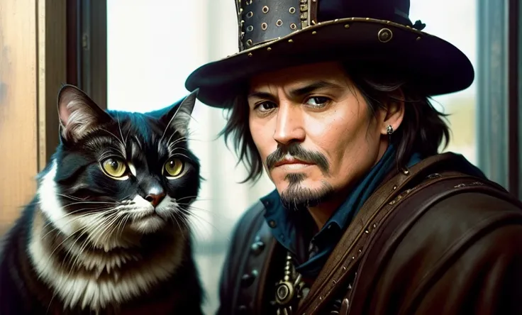 Johnny Depp, wooden house, stove, ((the musketeer)), ((steampunk)), ((ancient sea map)), (imperfect uneven irregular skin, veins, detailed skin folds pores:1.2), plaid, black cat, potted flowers on the window, full shot body photo of the most beautiful artwork in the world, cloak armor, professional majestic oil painting by Ed Blinkey, Atey Ghailan, Studio Ghibli, by Jeremy Mann, Greg Manchess, Antonio Moro, trending on ArtStation, trending on CGSociety, Intricate, High Detail, Sharp focus, dramatic, photorealistic painting art by midjourney and greg rutkowski