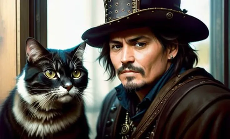 Johnny Depp, wooden house, stove, ((the musketeer)), ((steampunk)), ((ancient sea map)), (imperfect uneven irregular skin, veins, detailed skin folds pores:1.2), plaid, black cat, potted flowers on the window, full shot body photo of the most beautiful artwork in the world, cloak armor, professional majestic oil painting by Ed Blinkey, Atey Ghailan, Studio Ghibli, by Jeremy Mann, Greg Manchess, Antonio Moro, trending on ArtStation, trending on CGSociety, Intricate, High Detail, Sharp focus, dramatic, photorealistic painting art by midjourney and greg rutkowski