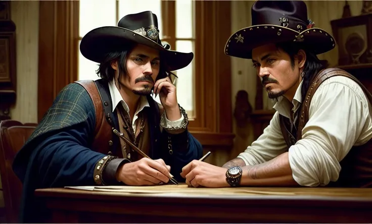 Johnny Depp, wooden house, stove, ((the musketeer)), ((steampunk)), ancient sea map, (imperfect uneven irregular skin, veins, detailed skin folds pores:1.2), plaid, black cat, potted flowers on the window, full shot body photo of the most beautiful artwork in the world, cloak armor, professional majestic oil painting by Ed Blinkey, Atey Ghailan, Studio Ghibli, by Jeremy Mann, Greg Manchess, Antonio Moro, trending on ArtStation, trending on CGSociety, Intricate, High Detail, Sharp focus, dramatic, photorealistic painting art by midjourney and greg rutkowski