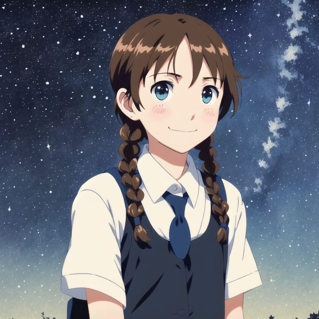 4k, (masterpiece), highest quality, ((2d)), (( anime scho(long brown hair), braids, blue eyes, smile, ((night)), stars, clear eyes, black eyelashes, (intricate detailed), John Constable, Ed Blinkey, Atey Ghailan, Studio Ghibli, by Jeremy Mann, Greg Manchess, Antonio Moro, trending on ArtStation, High Detail, dramatic, makoto shinkai, trending on CGsociety
