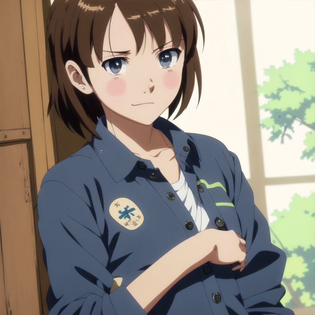 Anime girl in uniform standing in front of a window with a green tree ...