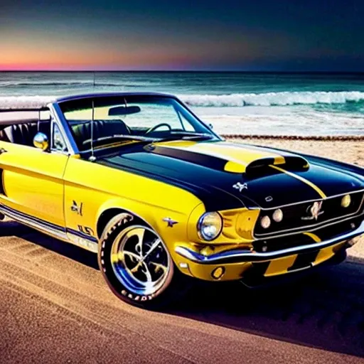 realistic, high detail, dramatic, 1967 shelby mustang, black convertible, cobra, body color yellow with dual black racing stripes, classic car, 4k, highres, on a beach at night, night time, moon, moonlight, evening