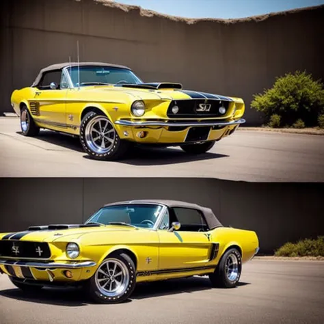 realistic, high detail, dramatic, 1967 shelby mustang, convertible, cobra, body color yellow with black racing stripes, 4k, highres, on the city streets, night