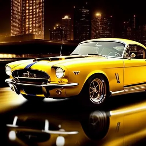 realistic, high detail, dramatic, 1956 shelby mustang, color yellow with black racing stripes, 4k, highres, on the city streets, night