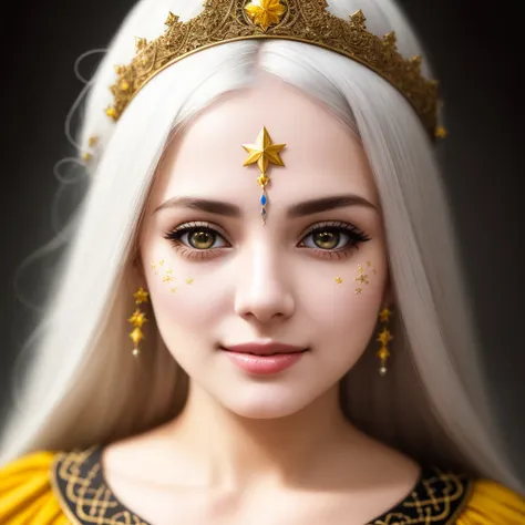 photorealistic, high-res, masterpiece, intricate, a woman with long hair and a star pattern on her face is holding her hands to her mouth and looking at the camera, Art germ, highly detailed digital painting, a detailed painting, fantasy art, pretty, narrow waist, wide hips, (perfect face:1.2), (perfect eyes:1.2), thick eyebrows, thick eyelashes, (yellow eyes), (beautiful detailed face), (detailed lips), white hair, long hair, happy girl, smile, (outside), intricate detailed clothing, cinematic lighting, shadow, detailed lighting, light particles, dynamic angle, POV, close up, from above, Ismaili inveigle, blood, vampire