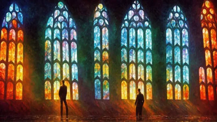 Masterpiece, man, wading, river, sad, blood from eyes, art Leonid Afremov, technicolor, a pastel, rayonism, Sightseeing, Angle, Inside of Abandoned Church, Sun Light, Stained-glass Window, Eyebrow, Close Up