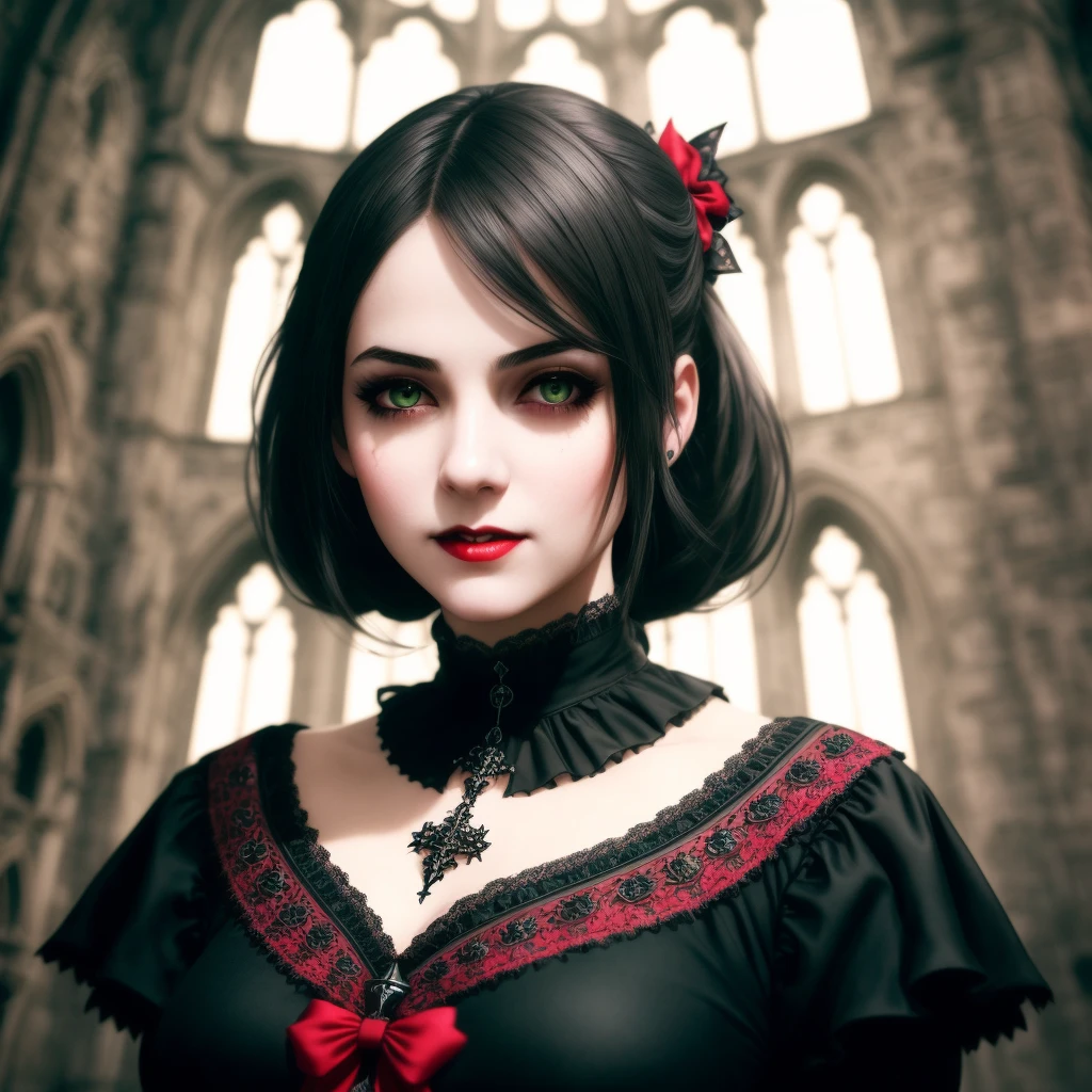photorealistic, highres, masterpiece, intricate, 1girl (in a gothic castle), red bow around her neck and a black and red dress on, standing in a room, detailed background, pretty, narrow waist, wide hips, (perfect face:1.2), (perfect eyes:1.2), thick eyebrows, thick eyelashes, (green eyes), (beautiful detailed face), (detailed lips), black hair, long hair, gothic girl, smile, (outside), tight clothes,, intricate detailed clothing, cinematic lighting, shadow, detailed lighting, light particles, dynamic angle, pov, close up, from below, ismail inceoglu, blood, vampire