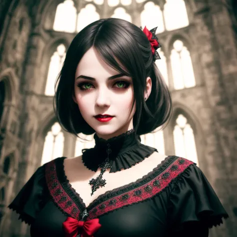 photorealistic, highres, masterpiece, intricate, 1girl (in a gothic castle), red bow around her neck and a black and red dress on, standing in a room, detailed background, pretty, narrow waist, wide hips, (perfect face:1.2), (perfect eyes:1.2), thick eyebrows, thick eyelashes, (green eyes), (beautiful detailed face), (detailed lips), black hair, long hair, gothic girl, smile, (outside), tight clothes,, intricate detailed clothing,  cinematic lighting, shadow, detailed lighting, light particles, dynamic angle, pov, close up, from below, ismail inceoglu, blood, vampire