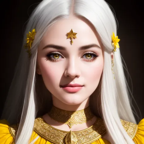 photorealistic, high-res, masterpiece, intricate, a woman with long hair and a star pattern on her face is holding her hands to her mouth and looking at the camera, Art germ, highly detailed digital painting, a detailed painting, fantasy art, pretty, narrow waist, wide hips, (perfect face:1.2), (perfect eyes:1.2), thick eyebrows, thick eyelashes, (yellow eyes), (beautiful detailed face), (detailed lips), white hair, long hair, happy girl, smile, (outside), intricate detailed clothing, cinematic lighting, shadow, detailed lighting, light particles, dynamic angle, POV, close up, from above, Ismaili inveigle, blood, vampire