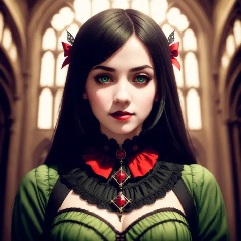 photorealistic, highres, masterpiece, intricate, 1girl (in a gothic castle), red bow around her neck and a black and red dress on, standing in a room, detailed background, pretty, narrow waist, wide hips, (perfect face:1.2), (perfect eyes:1.2), thick eyebrows, thick eyelashes, (green eyes), (beautiful detailed face), (detailed lips), black hair, long hair, gothic girl, smile, (outside), tight clothes,, intricate detailed clothing,  cinematic lighting, shadow, detailed lighting, light particles, dynamic angle, pov, close up, from below, ismail inceoglu, blood, vampire