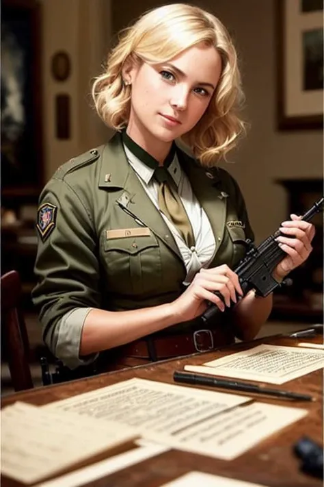 full shot body photo of the most beautiful artwork in the world featuring ww2 blond hair soldier holding a Luger P08 sitting on a desk nearby, smiling, sagging breasts,top less,german military uniform,cleavage cutout , nostalgia, sexy, stethoscope, heart professional majestic oil painting by Ed Blinkey, Atey Ghailan, Studio Ghibli, by Jeremy Mann, Greg Manchess, Antonio Moro, trending on ArtStation, trending on CGSociety, Intricate, High Detail, Sharp focus, dramatic, photorealistic painting art by midjourney and greg rutkowski