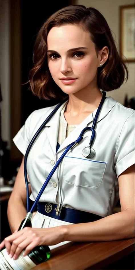natyport, full shot body photo of the most beautiful artwork in the world featuring ww2 nurse holding a liquor bottle sitting on a desk nearby, smiling, white outfit, nostalgia, sexy, stethoscope, heart professional majestic oil painting by Ed Blinkey, Atey Ghailan, Studio Ghibli, by Jeremy Mann, Greg Manchess, Antonio Moro, trending on ArtStation, trending on CGSociety, Intricate, High Detail, Sharp focus, dramatic, photorealistic painting art by midjourney and greg rutkowski