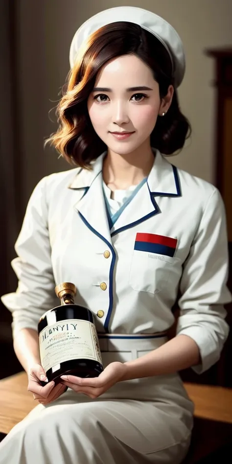 yoona, full shot body photo of the most beautiful artwork in the world featuring ww2 nurse holding a liquor bottle sitting on a desk nearby, smiling, white outfit, nostalgia, sexy, stethoscope, heart professional majestic oil painting by Ed Blinkey, Atey Ghailan, Studio Ghibli, by Jeremy Mann, Greg Manchess, Antonio Moro, trending on ArtStation, trending on CGSociety, Intricate, High Detail, Sharp focus, dramatic, photorealistic painting art by midjourney and greg rutkowski
