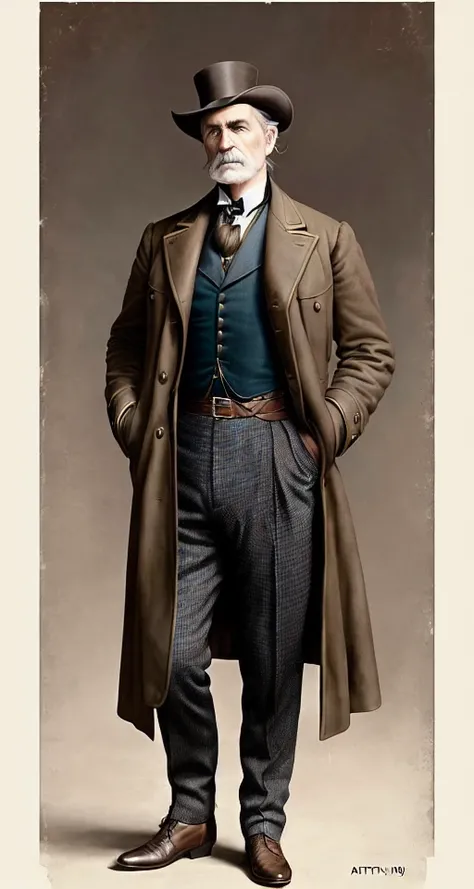 (modelshoot style), (from_bottom:1.3), (hand_on_hip:1.2), big game hunter, 1890, victorian age, old, male, a character portrait, art by artgerm and greg rutkowski and magali villeneuve, analog style, (mdjrny-v4 style)