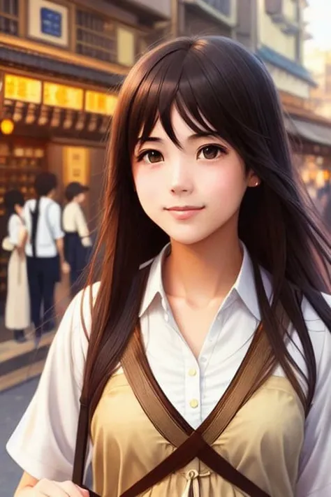 girl with long straight hair, smiling, _modelshoot style, (extremely detailed CG unity 8k wallpaper), full shot body photo of the most beautiful artwork in the world, beautiful ((ramen shop)), professional majestic impressionism oil painting by Waterhouse, John Constable, Ed Blinkey, Atey Ghailan, Studio Ghibli, by Jeremy Mann, Greg Manchess, Antonio Moro, trending on ArtStation, trending on CGSociety, Intricate, High Detail, dramatic, makoto shinkai kyoto, trending on artstation, trending on CGsociety