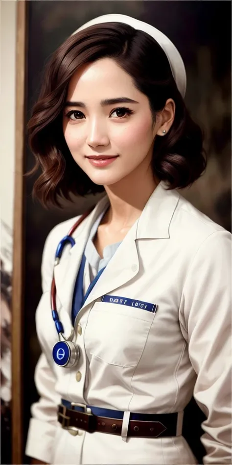 yoona, full shot body photo of the most beautiful artwork in the world featuring ww2 nurse, smiling, white outfit, nostalgia, sexy, stethoscope, heart professional majestic oil painting by Ed Blinkey, Atey Ghailan, Studio Ghibli, by Jeremy Mann, Greg Manchess, Antonio Moro, trending on ArtStation, trending on CGSociety, Intricate, High Detail, Sharp focus, dramatic, photorealistic painting art by midjourney and greg rutkowski