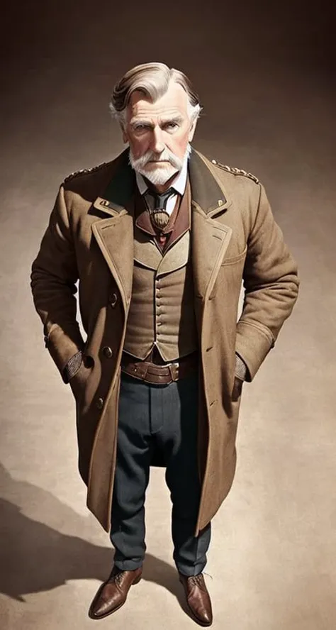 (modelshoot style), (from_above:1.3), (hand_on_hip:1.2), big game hunter, 1890, victorian age, old, male, a character portrait, art by artgerm and greg rutkowski and magali villeneuve, analog style, (mdjrny-v4 style)