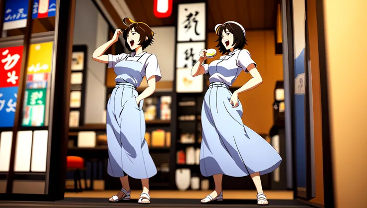 Anime, (vibrant Colors:1), (Pretty Woman:1) Screaming, full shot body photo of the most beautiful artwork in the world, beautiful (ramen shop), professional majestic, Studio Ghibli, Intricate, High Detail, dramatic, makoto shinkai kyoto, trending on artstation, (crazy eyes:1),(crazy smile) (modelshoot style:1) <lora:johnsondesuv15-320-e1:0.25> <lora:crazyExpressions:0.8>