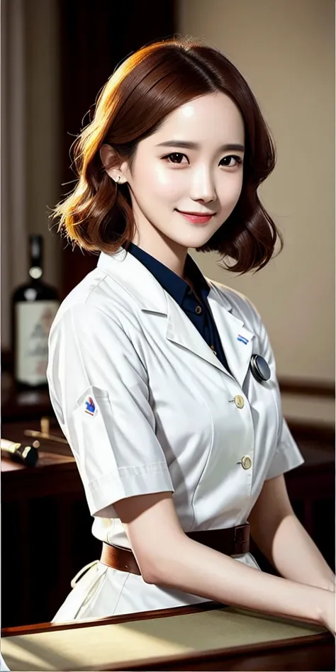 yoona, <lora:yoona_0:0.5>, <lora:koreanDollLikeness_v15:0.5>, full shot body photo of the most beautiful artwork in the world featuring ww2 nurse holding a liquor bottle sitting on a desk nearby, smiling, white outfit, nostalgia, sexy, stethoscope, heart professional majestic oil painting by Ed Blinkey, Atey Ghailan, Studio Ghibli, by Jeremy Mann, Greg Manchess, Antonio Moro, trending on ArtStation, trending on CGSociety, Intricate, High Detail, Sharp focus, dramatic, photorealistic painting, trending on deviantart