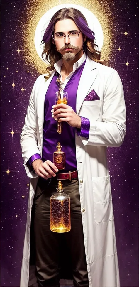 full shot body photo of the most beautiful artwork in the world featuring alchemist holding a potion bottle with red liquid and gold glitter, serious, ((short stubble beard)), stubble mustache, white outfit, lab coat, fantasy, Intricate, High Detail, Sharp focus, dramatic, photorealistic painting art by midjourney and greg rutkowski, action pose, long hair, (purple glowing eyes), magic