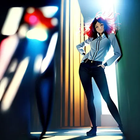 Anime, Woman standing, digital art, concept art, kyoto animation, murata range, kawaii, yoshitaka amano, studio lighting, manga, bright colors, beautiful, high contrast, gradation, jean giraud, rule of thirds __scenario-scfi__ (crazy eyes:1) (crazy smile:1) (crazy face:1) (wlop:1) <lora:johnsondesuv15-320-e1:0.6> <lora:crazyExpressions:1> <lora:wlopStyleLora_30Epochs:0.8>