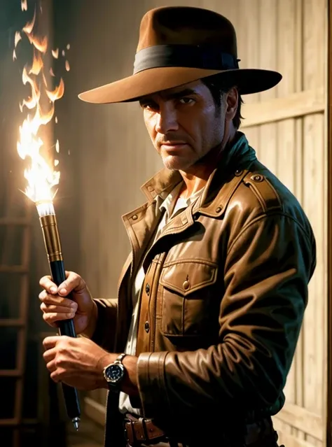 (extremely detailed CG unity 8k wallpaper), full shot body photo of the most beautiful artwork of indiana jones holding a torch, torn jacket, nostalgia professional majestic oil painting by Ed Blinkey, Atey Ghailan, Studio Ghibli, by Jeremy Mann, Greg Manchess, Antonio Moro, trending on ArtStation, trending on CGSociety, Intricate, High Detail, Sharp focus, dramatic, photorealistic painting art by midjourney and greg rutkowski