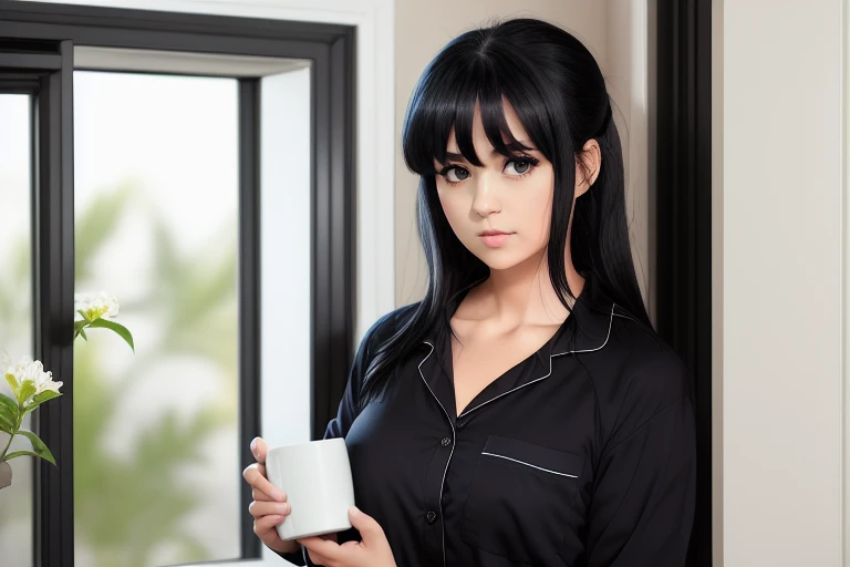 1girl air_conditioner bangs black_hair black_pajamas black_shirt bottle brown_eyes building collarbone collared_shirt cup curtains day dress_shirt hair_between_eyes holding holding_cup indoors jam looking_away looking_to_the_side mug pajamas parted_lips plant shirt solo upper_body window