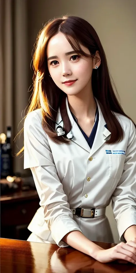 <lora:yoona_0:0.9>,<lora:koreanDollLikeness_v15:0.1>,(yoona),long straight hair,full shot body photo of the most beautiful artwork in the world featuring ww2 nurse holding a liquor bottle sitting on a desk nearby, smiling, white outfit, nostalgia, sexy, stethoscope, heart professional majestic oil painting by Ed Blinkey, Atey Ghailan, Studio Ghibli, by Jeremy Mann, Greg Manchess, Antonio Moro, trending on ArtStation, trending on CGSociety, Intricate, High Detail, Sharp focus, dramatic, photorealistic painting art by midjourney and greg rutkowski