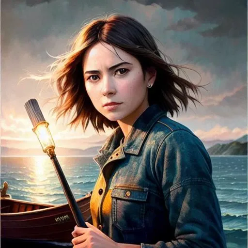 movie poster, (extremely detailed CG unity 8k wallpaper), full shot body photo of the most beautiful artwork in the world, woman holding a torch in a lonely boat, professional majestic oil painting by Ed Blinkey, Atey Ghailan, Studio Ghibli, by Jeremy Mann, Greg Manchess, Antonio Moro, trending on ArtStation, trending on CGSociety, Intricate, High Detail, Sharp focus, dramatic, photorealistic painting art by midjourney and greg rutkowski