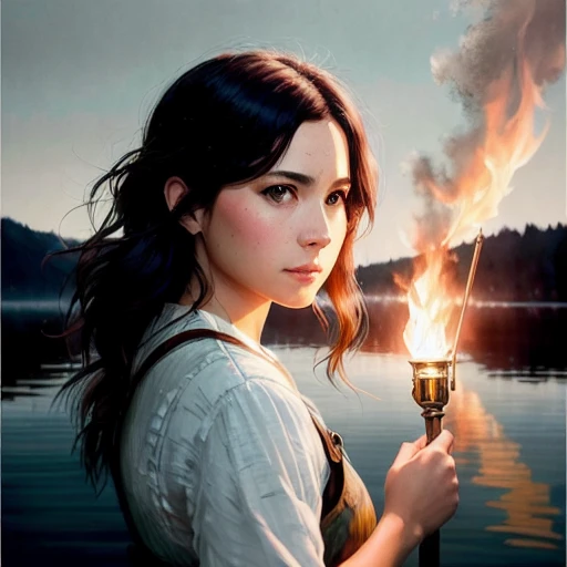 movie poster, (extremely detailed CG unity 8k wallpaper), full shot body photo of the most beautiful artwork in the world, woman holding a torch in a lonely boat, professional majestic oil painting by Ed Blinkey, Atey Ghailan, Studio Ghibli, by Jeremy Mann, Greg Manchess, Antonio Moro, trending on ArtStation, trending on CGSociety, Intricate, High Detail, Sharp focus, dramatic, photorealistic painting art by midjourney and greg rutkowski