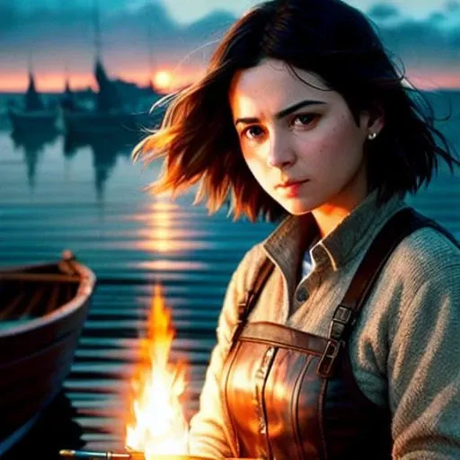 movie poster, (extremely detailed CG unity 8k wallpaper), full shot body photo of the most beautiful artwork in the world, woman holding a torch in a lonely boat, professional majestic oil painting by Ed Blinkey, Atey Ghailan, Studio Ghibli, by Jeremy Mann, Greg Manchess, Antonio Moro, trending on ArtStation, trending on CGSociety, Intricate, High Detail, Sharp focus, dramatic, photorealistic painting art by midjourney and greg rutkowski