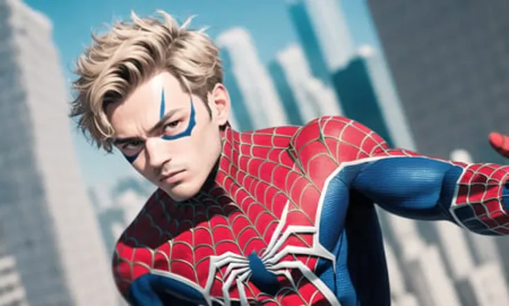 (extremely detailed, CG unity, 8k wallpaper, photo realistic, ), 1 boy, black spider-man outfit, swing, city, building, web, marvel, blond hair, grey eyes, fan art, oc, super hero, spider-verse, middle part hairstyle, two arm, two leg, adult, (unmasked face:1.3), whole body, spiderman pose, solo, coherent hand