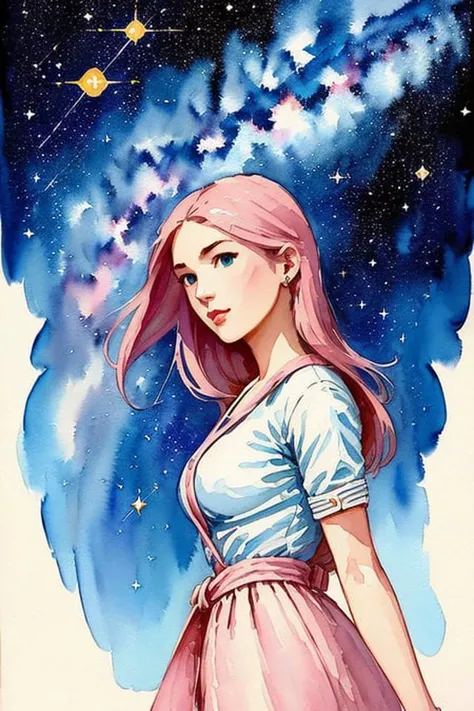 (Girlish Painting:1.3) of (Ultra detailed:1.3),(Cosy:1.3),best quality,masterpiece,highly detailed,ultra-detailed,unreal engin 5,octane render,(2D:1.2), limited palette flat color,, digital painting, artstation, concept art, smooth, sharp focus,art by ross tran and greg rutkowski and alphonse Mucha and Bak Karol,, (oil painting:1.16),(acrylic paint:1.16),(colorful:1.16), (watercolor:1.16),, by (nvinkpunk:1.0),(kuvshinov:1.0),(dreamlikeart:1.0),(samdoesart:1.0),(modelshoot style:1.0),(by Artist Koho Shoda:1.3),(by Artist Mike Mignola:1.3),(by Artist Joop Polder:1.3),(Classicism Art:1.3),(Industrial Art:1.3),(Solarpunk Art:1.3) ,

shot (from_side:1.6)

<lora:taiwanDollLikeness_v10:0.4>, <lora:galGadotLora_v10:0.3>,[Emma Watson:Chou Tzu-yu:0.1],
((out door, dark night)),
((The sky is beautiful, the stars)),
hands behind body,
blue eyes,
pink hair,
the wind blows hair,
long hair,
(small breast:1.3),
(wearing  Prada Coat:1.2),
(wearing  Prada dress:1.2),
(sports shoes:1.3),
look away,
full body,
(( (The sky is beautiful, the Milky Way, the stars))),