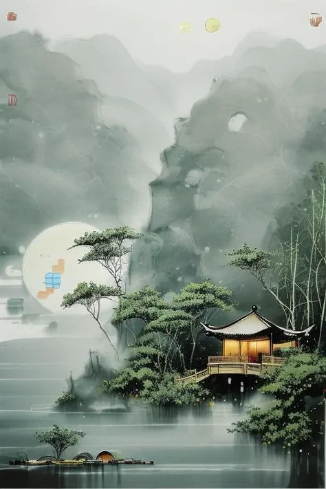 masterpiece,best quality,Chinese martial arts style,an asian night scene with lanterns and water lilies,asian pond with many lanterns and boatsa night scene with many lights and boats in the water, Lake surface, lotus flowers,beautiful night scene,(((Chinese martial arts style))), with vast sky, continuous mountains and steep cliffs, ink wash style, outline light, atmospheric atmosphere, depth of field, mist rising, bamboo, pine trees, octagonal stone pavilion, waterfall flowing water,big full moon,(No color) , Monochrome, light color,<lora:wyy-000009:1> <lora:wgz_style:0.2>