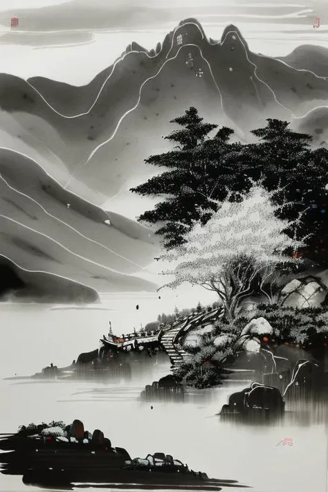 masterpiece,best quality,ink painting,Chinese martial arts style, with vast sky, continuous mountains and steep cliffs, ink wash style, outline light, ((atmospheric atmosphere)), depth of field, mist rising, pavilion,Stone step,pine trees, stone pavilions, waterfalls,ink,[black and white], greyscale:0.5,<lora:wyy-000009:1> <lora:wgz_style:0.4>