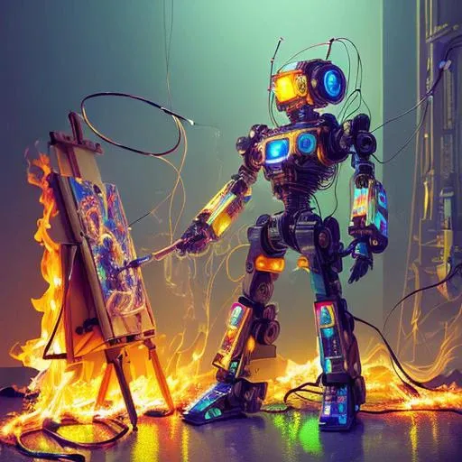 (masterpiece, best quality, highres, absurdres, detailed:1.2), humanoid, robot, wearing headphones, looking away, (cyberpunk, art canvas, paint brush, easel, iridescent, holographic: 1.6), (cables, wires, flames, fire, smoke, overheat, explosion, indoors, room, simple background)