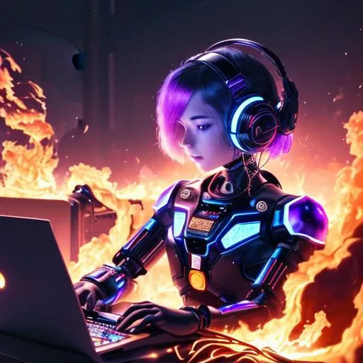 (masterpiece, best quality, highres, absurdres, detailed:1.2), 1girl, humanoid, robot, wearing headphones, looking away, (cyberpunk, computer parts, cables, wires on fire, broken, iridescent, holographic: 1.6), laptop on fire, wood table, (flames, sparks, fire, smoke, overheat, explosion in background),