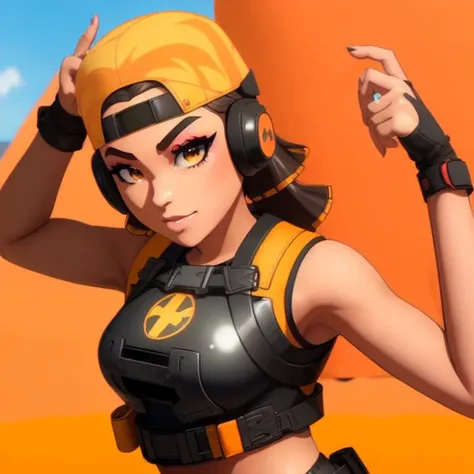 <lora:Valorant Raze:0.7>, <lora:AnimePunk:1>, anime punk, dancing, [soft image : low detail:17], lens flare:19, beautiful face,  gorgeous woman, BREAK orange cap backwards, (beach background:1.1), black fingerless gloves, BREAK (orange sleeveless crop top:1.1), (wearing a  chestplate:1.2), and black headphones